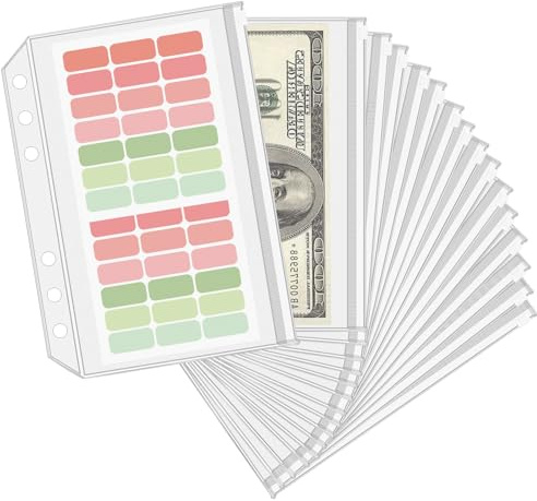 LXWHYP 16 Pcs A5 Binder Envelope Pouches, A5 Zippered Binder Inserts for 6-Ring Budget Cash Envelope System, Clear envelopes for Money Saving and Budgeting, with 42 Sticky Binder Labels