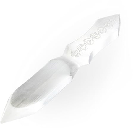 NKlaus Athame de Selenita 26 cm con Grabado de Chakras – Cuchillo Energético Artesanal para Reiki, Meditación y Rituales Espirituales