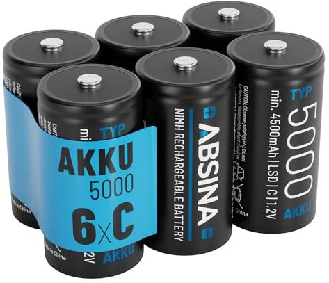 ABSINA 6X Pile Type C Rechargeable 5000 à Faible Auto-Décharge - Pile LR14 C NiMH Rechargeable avec 1,2V & au Minimum 4500mAh - Piles Rechargeables C, Pile C LR14, Pile C Rechargeable, Pile Baby C
