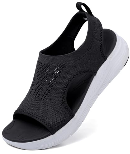 VTASQ Sandales Orthopédiques Mode Femme - Été Bout Ouvert, Plage, Leger Confortable, Respirante Tricot, Sport, Marche - Noir Blanc EU 38