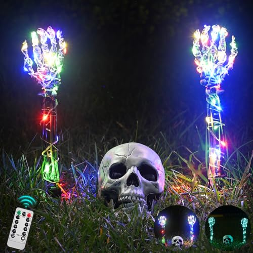 Maxee Halloween Lighted Skeleton Set, Skull Arm Stakes with 1 Remote Colored Lights (36 Leds, 8 Light Modes & Timing Function), 2 Green Lights (3 Modes), Decoration for Outdoor Yard Garden Graveyard