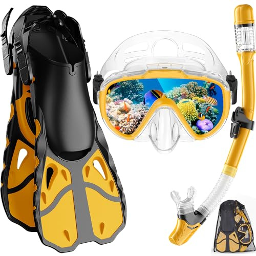 Vengreedo Schnorchelset mit Flossen für Erwachsene, Schnorchelausrüstung für Erwachsene Männer und Frauen, Schnorchel, Maske Set Erwachsene Dry Top Schnorchelmaske Combo Set mit Reisetasche zum