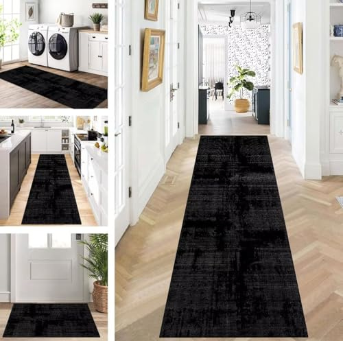ZUZEKU Läufer Flur Küche Waschbar rutschfest 50X250cm Schwarz Lang Küchenteppich Flurteppich Teppich Fur Korridor Wohnzimmer Schlafzimmer Meterware Anpassbar