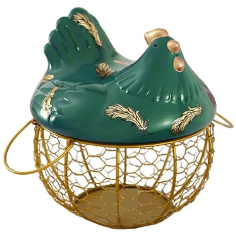 HYKJCSS Huevera Gallina Cesta del Almacenamiento del Huevo del Alambre De Metal, con La Cesta Superior De Cerámica del Almacenamiento De La Fruta, Estante De Las Misceláneas De La Fruta Hueveras(B)