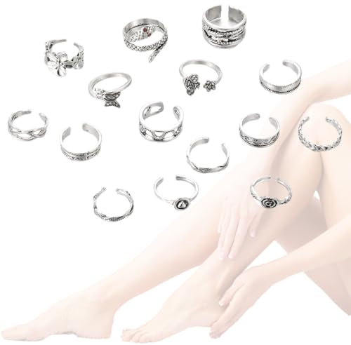 VURYAPI 15 Stück Zehenringe Damen Fussringe Edelstahl Silber Toe Rings for Women (Silber)