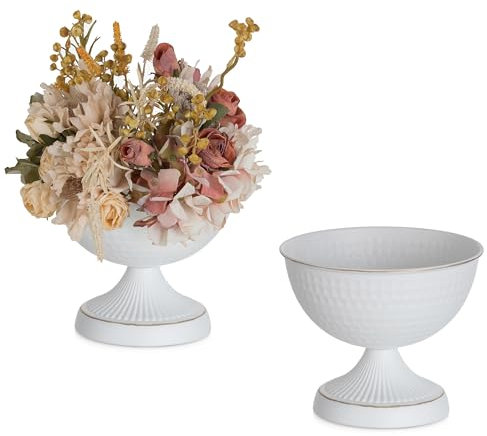 Sziqiqi White Urn Vase for Wedding: 15 cm Tall Metal Vases for Table Centrepiece Set of 2 - Small Vintage Flower Arrangement Pots - Elegant Hammered Vase for Party Birthday Reception Christmas