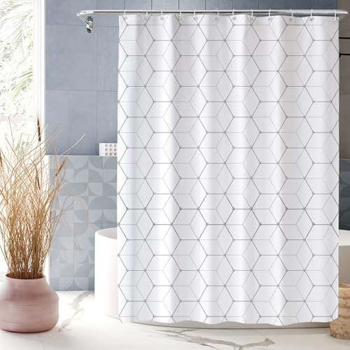 XUEDNGM Duschvorhang Anti Schimmel Waschbar 180 x 190 cm Anpassbar, Schimmelresistent, Waschbar, Hochwertig Stoff, mit Haken Duschvorhang Badevorhang Duschvorhang aus Stoff, weißes Sechseck