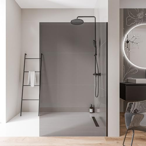 Bernstein Walk-In Dusche EX102 - Duschabtrennung 140 x 200 cm, 10 mm Graues ESG-Sicherheitsglas, Nano-Beschichtung, Schwarz Edelstahlprofile, Glaswand, ebenerdige Dusche ohne Bodenprofil