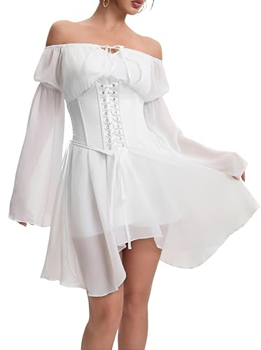 XKBHYD Ladies Two Piece Sets Corset Dress Off Shoulder Bell Sleeve Chiffon Dresses Womens Lace-Up Mini Bustier Party Dress White
