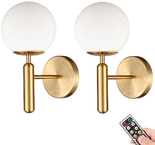Lampada da Parete Sconce Light Mid Century a Batteria Set di 2, Non cablata, Globo in Vetro Bianco, Dispositivo Wireless per Camera da Letto, Bagno