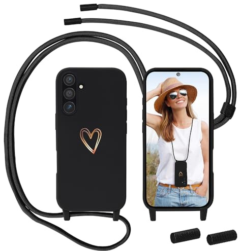 Handykette für Samsung Galaxy A55 5G Hülle mit Band, MoEvn Necklace Handyhülle mit Kordel für zum Umhängen Herz Muster Silikon Case Stoßfeste Schutzhülle mit Abnehmbar Kette für Samsung A55, Schwarz