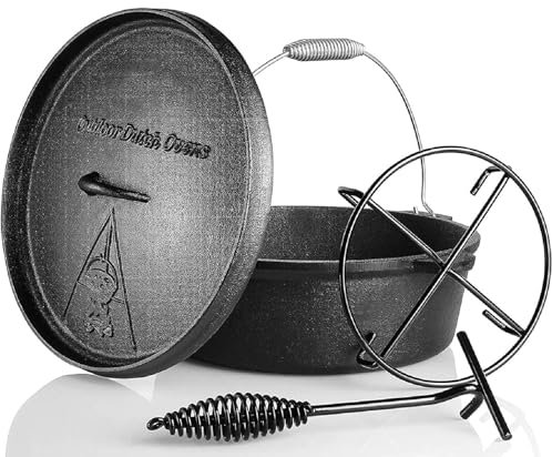 Dutch Oven Set 5.8 L, Casserole en Fonte avec Lève-Couvercle, une Poignée en Spirale et un Support de Casserole, pour la Cuisine, le Camping en Plein Air, Pré-assaisonné