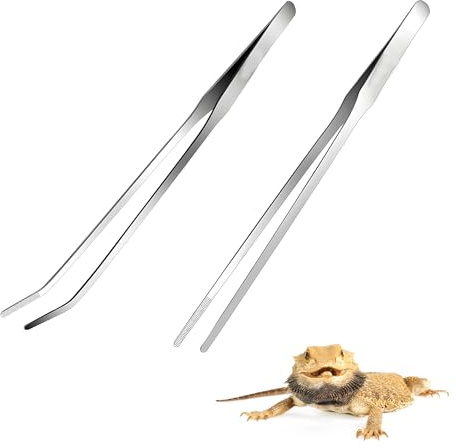 hioseyre 2 Pcs 10.6inch Feeding Tongs, Extra Long Stainless Steel Aquarium Tweezers with Rubber Tip, Straight and Curved Long Tweezer, Terrarium Tool Feeder Tool for Tank Silver