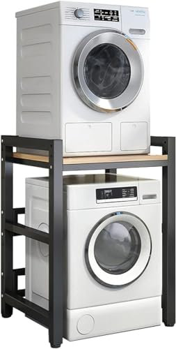 Gain de place pour buanderie : kit d'empilage réglable pour lave-linge et sèche-linge à chargement frontal, support de rangement portable au-dessus de la laveuse (cadre noir + noyer clair)