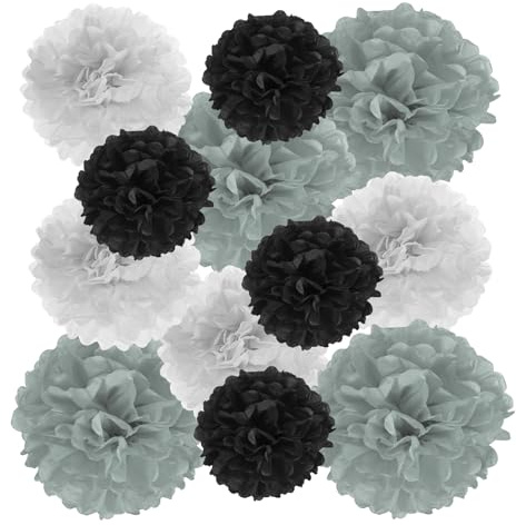 PATIKIL 15 Stück Seidenpapier Pompons Deko, Grau/Weiß/Schwarz Pompons Dekoration für Geburtstagsdeko Party deko Hochzeitsdeko Gartenparty Babyparty