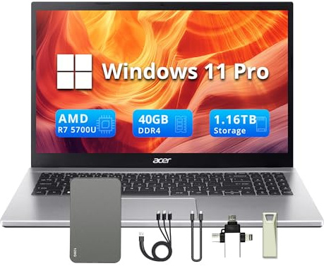 acer Computer portatile Aspire 3, display FHD da 15,6 pollici, 40 GB di RAM, memoria da 1,16 TB (SSD da 1 TB e set di docking station da 160 GB), AMD Ryzen 7 5700U, grafica AMD Radeon, argento, Win 11