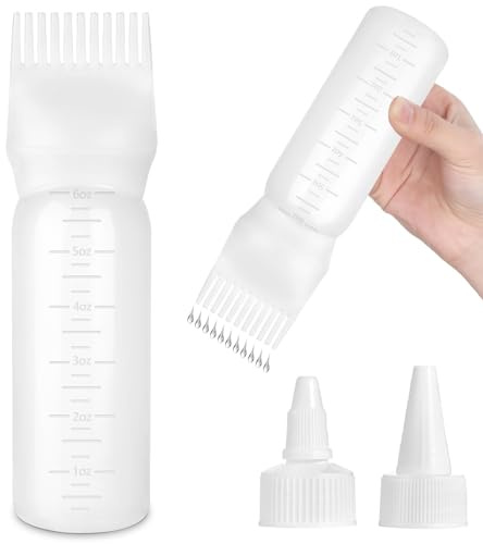 Root Comb Applicator Bottle Hair Oil Applicator for Dye and Scalp, White | 6 Ounce, Reusable, 2 Types Caps and Graduated Scale, Home Salon Use