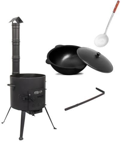 SET Kukmara Utschak mit Abzugs-Rohr, 37m + 10 Liter Gusseisen Kazan INNEN GLATT + 47cm Schaumlöffel - Feldküche, Gulaschkessel Feuerkessel Feuer-Ofen Outdoor für Kazan Kasan 10L