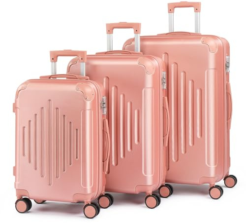Karl home Luggage Set 3 Piece Suitcase Sets with TSA Lock Moulded Corner 4 Spinner Wheels, ABS Hardside Trolley Travel Case for Carry On Check-in Business Trip, Rose Gold (20/24/28)