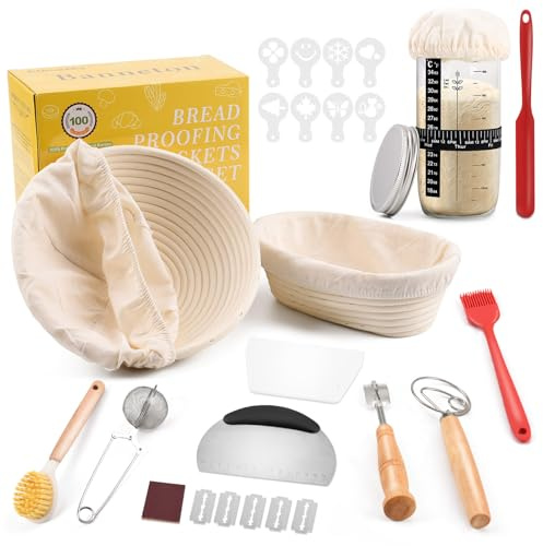 Clheatky Cestino Pane Lievitazione 12-pezzi, Set Lievitazione Pane Rattan 25cm Ovale & 23cm Rotondo, Kit Completo di Lievito Madre, Grande Regalo per Principianti, Panettiere Esperto