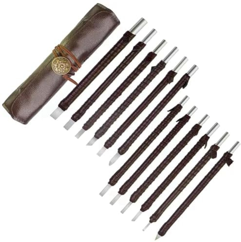 Sctecoau 12-Teiliges Schnitzset Aus Wolframstahl, Speckstein, Steinschnitzwerkzeug-Set, Stichel für Metall, mit Tragbarer Leder-Rolltasche