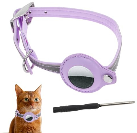 CAPASTEC Katthalsband, reflekterande kattungehalsband, PU-halsband med airtag-hållare, justerbart halsband med legeringslås för katter, valpar, medelstorlek, lila