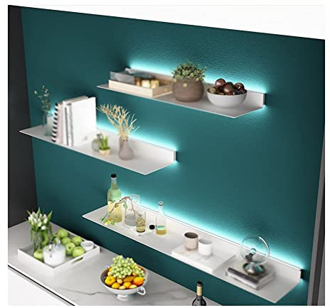 Floating Metal Wall Shelf Picture Ledge with Illuminated LED Light for Modern Rustic Entrance Bar Countertop and Living Room Décor (White 120x20x60cm)