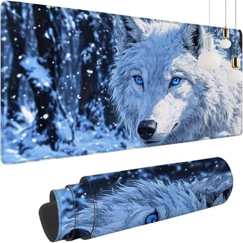Tapis de Souris XXL 900x400x3mm, Animal Loup Tapis Souris Table Surdimensionné, Mouse Pad Bureau Antidérapant Étanche, avec Bords Surpiqués et Dos Antidérapant, Accessoire Bureau Gaming Deco Z-123