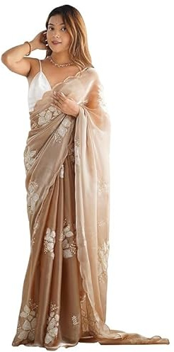 Flosive Women's Shimmer Organza Sequence Embroidery Saree With Unstitched Blouse Piece, CREAM, One size