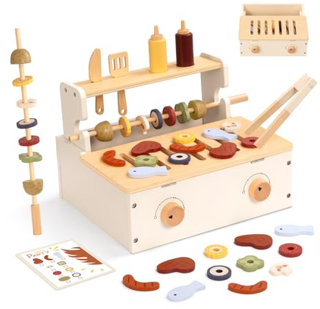 OOOK Wooden Kids BBQ Grill Playset, Play Barbecue Toy Grill with 25 PCS Toy Food and Grilling Tools, Play Kitchen Accessories for Toddlers Boys Girls Age 3+