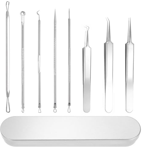 8 Stücke Mitesserentferner Set, Pickel Ausdrücken Werkzeug Edelstahl mit Aufbewahrungsbox, Für Gesichtspflege & Nase, Komedonenheber & Milienmesser