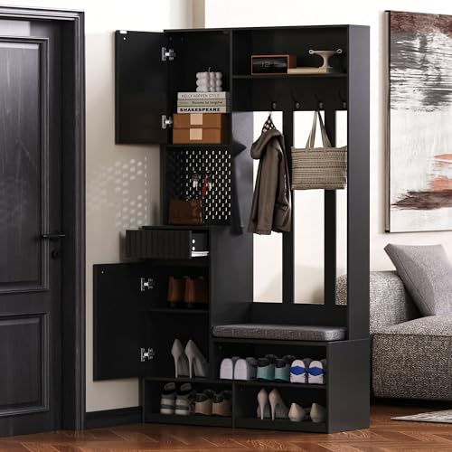 Rvjiahe Garderobenset, Komplett-Set Flurgarderobe mit Sitzbank, 4 Haken, Türen & Schubladen - Weiß, Kompaktmaße 100×180×35 cm (B×H×T) (Schwarz)