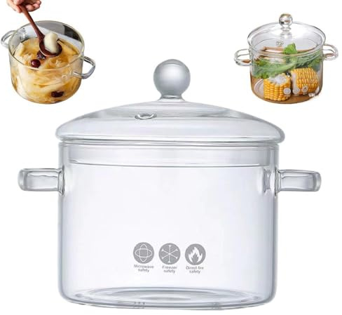 LQQDREX Glastöpfe zum Kochen auf dem Herd, klares Glas, sichere Borosilikatpfannen, Köcheltopf für Herd, Potpourri-Kochkasserolle mit Deckel, Stielkasserolle zum Kochen, Suppe, Milch, Tee