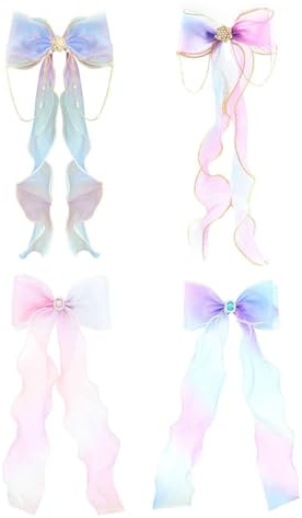 2 Pieces Pearl Bow Hairpin And 2 Pieces Gem Bow Hairpin, Colorful Princess Ribbon, Cute Streamer, Princess Party Hair Accessories, Children'S Jewelry Hair Accessories.