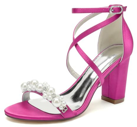 GHSIRUEU Women's White Heeled Sandals with Pearl Decoration Chunky Heels Open Toe Elegant Summer Evening Wedding Party Shoes