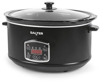 Salter Digital 6.5L Slow Cooker – 3 Heat Settings, Auto Keep Warm, LED Display, Built-In Delay & Cook Timer, Dishwasher Safe Ceramic Pot, Tempered Glass Lid With Steam Vent, Cool Touch Handles, 320W