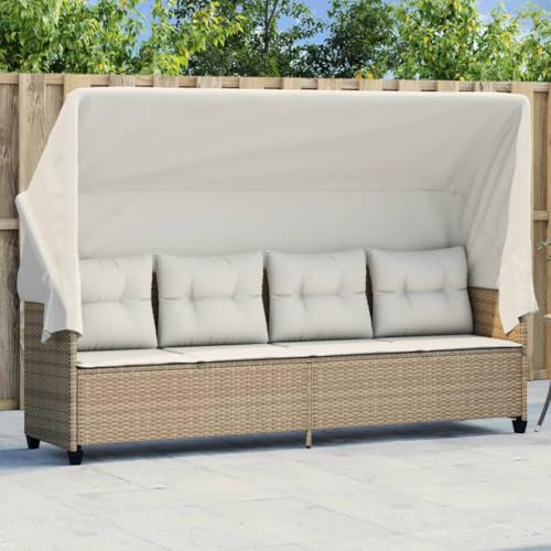 RMIHSJG Sonnenliege mit Dach und Kissen Beige Poly Rattan, Gartenliege mit ausziehbaren Sonnendach und abnehmbaren Bezügen, wetterbeständige PE-Rattan Liege für Terrasse und Balkon,