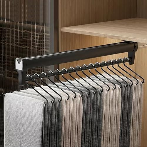 Asta Portapantaloni Estraibile,Pantaloni Estraibiles Lega Di Alluminio Appendiabiti,Bastone Armadio Appendiabiti con Ammortizzatore,Portapantaloni Salvaspazio per 22 Pantaloni（55cm x10cm）