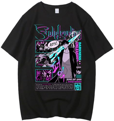 Silver Basic Maglietta da Uomo con Grafica Anime T-Shirt in Cotone S0l0 Leveling per Ragazzi e Uomini Retro Washed XL,Black4-2
