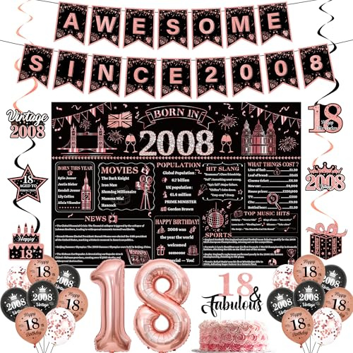 18th Birthday Decorations for Girls - 32 Pcs Black Rose Gold 18 Party Decor | Awesome Since 2008 Fishtail Flags Born In 2008 Backdrop Banner Hangs Swirls 18 & Fabulous Cake Topper Number 18 Balloon Kit