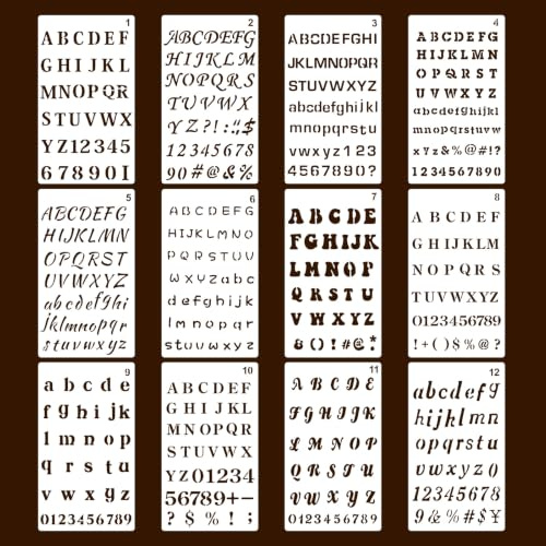 12 Pcs Letter Stencils Set, 4 x 7 Inch Alphabet Stencils | Number Stencils with Symbols, Reusable Font Templates for Painting, Journaling, Scrapbook Decor Notebook & DIY Craft Projects