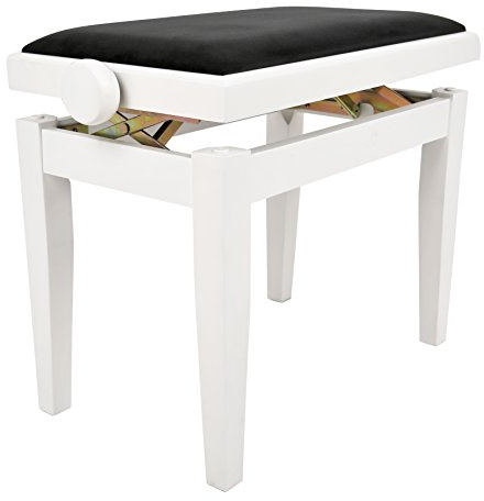 Juan Miguel Navarrez Banco de Piano Elegance Blanco Brillante - Madera Maciza - Ajustable en Altura Mediante Mecanismo de Tijera - Tapizado de Terciopelo Negro