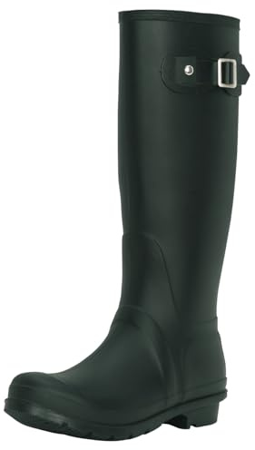 Women's Waterproof Wellington Boots - Rubber Outdoor Walking Wellies with Side Buckle - Comfortable Slip-On Rain Boots for Gardening, Dog Walking, Festivals & Everyday Use - Green - UK6/EU39