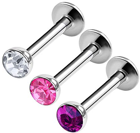 KJM FASHION 3 STK Chirurgenstahl Monroe Labret 1,2 mm 16 g 8mm 5/16 3mm Kristall Halbe Kugel Marilyn Monroe Tragus Ohrringe Piercing Schmuck 0856