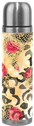 Linomo Thermosflasche Leopard Druck Rose Edelstahl Wasserflasche,Isoliert Auslaufsicher, Doppelwandig Vakuumflasche für Sport Reise Camping Büro 500 ml