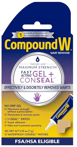 Compound W Maximum Strength Wart Remover Gel & ConSeal Patches with Salicylic Acid, Discreetly Treats Common & Plantar Warts, 0.25 Ounce Gel & 12 Waterproof Patches