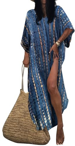Bsubseach Kaftan Klänningar för kvinnor, Kaftan, täckande kläder, plusstorlek, batikaftan, maxiklänning, lång strandtäckning, Blå/Beige, one size