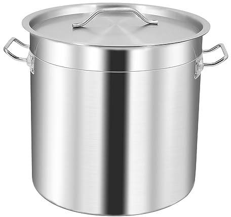 MOOTACO Stainless Steel Stock Pot with Fitted Cover,Tri-Ply Composite Bottom, Silver (17-50L) (50 Litre with Lid)