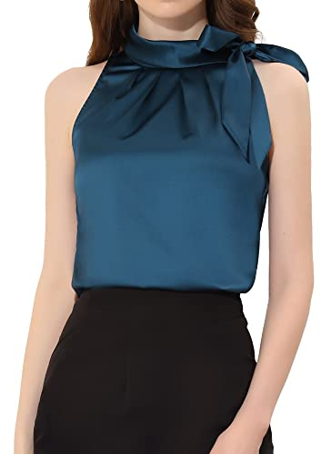 Allegra K Women's Satin Tank Tops Bow Tie Mock Neck Sleeveless Work Blouse | Dressy Casual Camisole Shirt, Under the Blazer Top, Business Office Outfits Professional