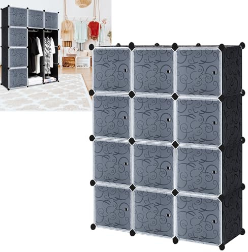 YUENFONG Kleiderschrank Regalsystem aus 12 Würfeln PP Material, Garderobenschrank mit Türen Tragbarer Steckregalsystem, für bücher Kleidung Spielzeug(Schwarz)